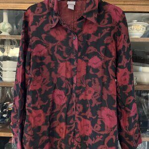 Sigrid Olsen Wool and Silk Blend Red and Black Floral Blouse Sz L Large ADORABLE